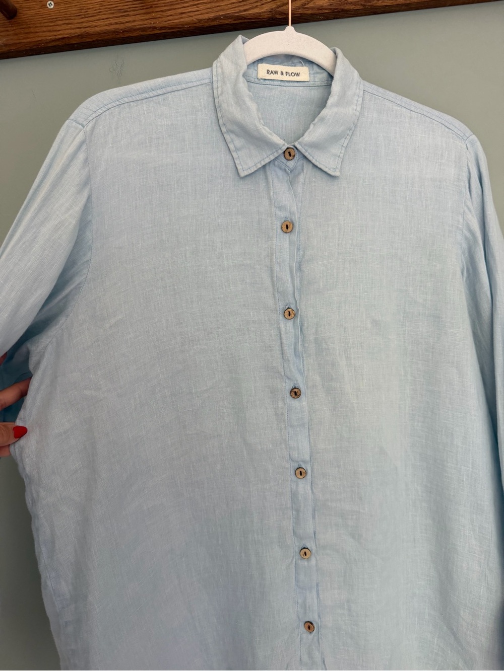 Raw + Flow Handmade 100% Linen Blue Balloon Sleeve Long Sleeve Button Down Shirt - Picture 5 of 15
